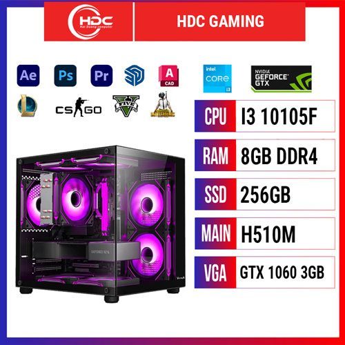 PC HDC GAMING CPU Intel i3 10105F – RAM 16GB DDR4 – SSD 256GB – MAIN H510 - VGA GTX 1060 3GB